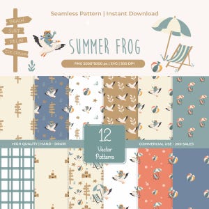 Könnte beinhalten: Digitale Illustration mit Sommerthema, Text "SUMMER FROG" und Strandillustrationen. Das Bild zeigt einen Frosch auf einem Vogel, Sonnenschirme, Strandbälle und verschiedene nahtlose Muster. Der Text "12 Vector Patterns" ist ebenfalls enthalten.