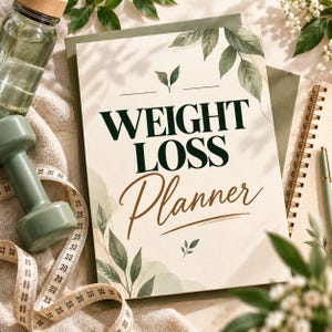 Op de afbeelding: Een gewichtsverliesplanner met een crèmekleurige kaft, voorzien van donkergroene tekst WEIGHT LOSS en bruine cursieve tekst Planner. De kaft is versierd met groene bladillustraties, een groene halter, een meetlint en een pen.