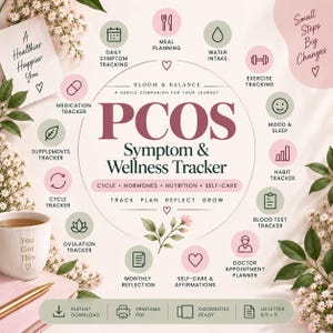 May include: A PCOS symptom and wellness tracker digital planner page featuring sections for daily symptoms, meal planning, water intake, exercise, mood, habits, blood tests, and appointments. Includes text: A Healthier Happier You, Small Steps Big Changes.