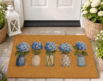 Blue Hydrangea Doormat,Mason Jar Flower Welcome Mat,Floral Garden Entryway Mat,Cottagecore Front Porch Decor,Housewarming Gift
