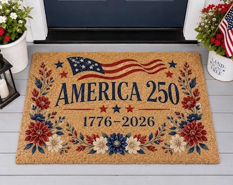 Tapete de boas-vindas "America 250", Tapete floral patriótico, Tapete de boas-vindas 1776-2026, Decoração de varanda para o 4 de julho, Presente de boas-vindas para casa nos EUA