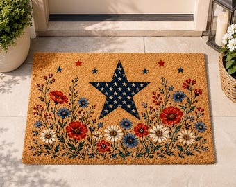 Felpudo con estrella patriótica, felpudo de bienvenida del 4 de julio, felpudo con flores silvestres rojas, blancas y azules, decoración americana para el porche, felpudo de entrada de verano.