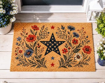 Americana Star Floral Fußmatte, rustikale Vaterländische Willkommensmatte, Vintage Bauernhaus-Wildblumenmatte, primitives Landdekor, Einweihungsgeschenk