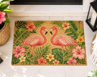 Deurmat tropische roze flamingo, zomerhibiscus bloemen welkomstmat, Hawaiiaanse palmbladeren deurmat, strandhuis veranda decor mat