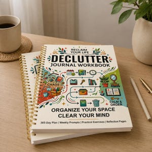 May include: A spiral-bound declutter journal workbook with a cream cover featuring colourful illustrations of household items, arrows, and the text "RECLAIM YOUR LIFE DECLUTTER JOURNAL WORKBOOK ORGANIZE YOUR SPACE CLEAR YOUR MIND" with a 365-day plan.