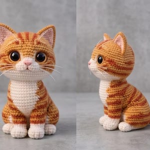 Puede incluir: Figura de gato de ganchillo en tonos naranja y blanco. El gato tiene ojos grandes y expresivos, nariz rosa y bigotes blancos. El cuerpo presenta rayas naranjas. El gato está sentado erguido con la cola enroscada.