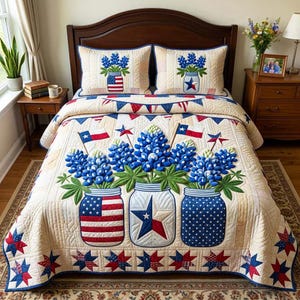 Vaterländisches Bettwäsche-Set, amerikanische Flagge Mason Jar Quilt Style Decke mit 2 Kissenbezügen, rustikale Bauernhaus-Tagesdecke, USA-Dekor