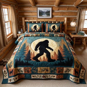 Big Foot Moon Bettwäsche Set, Sasquatch Forest Quilt Style Decke mit 2 Kissenbezügen, Rustikale Cabin Cottage Tagesdecke, Woodland Decor