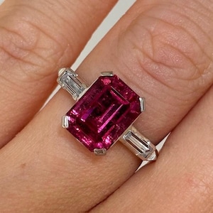 Emerald-Cut Lab Grown Ruby Ring in Sterling Silver, Elegant Three-Stone Design