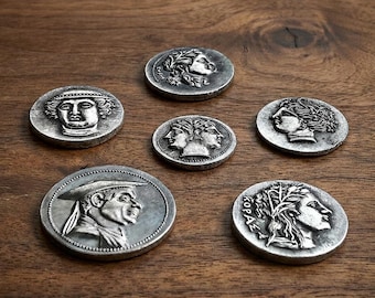 May include: A collection of antique-style silver coins with detailed relief portraits and designs. The coins feature various classical figures and inscriptions, showcasing a historical aesthetic. The coins are arranged on a wooden surface.