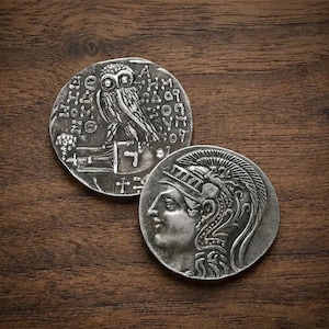 May include: Two silver-colored, antique-style coins. One coin features an owl with intricate details, surrounded by Greek text. The other coin displays a profile of a person wearing a helmet. Both coins have a weathered appearance.