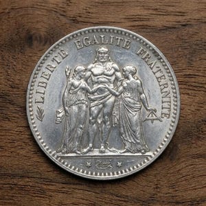 May include: A silver-coloured circular coin featuring a central relief of three figures standing together. The text LIBERTE EGALITE FRATERNITE is inscribed along the upper edge, with the name Dume at the bottom between two small stars.