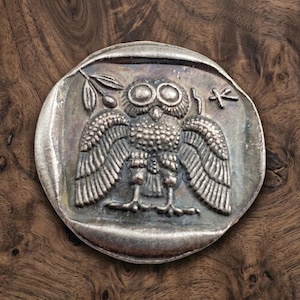 Ancient Greek Silver Coin Athenian Tetradrachm - Athena Owl Coin on Amphora, Rare Old Coins for Collectors, Vintage Greek Mythology Gifts