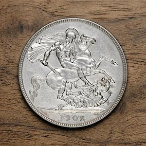1902 Edward VII Silverkrona, Gammalt brittiskt silvermynt, Storbritanniens antika mynt, Sankt Görans mynt för samlare, Brittisk antik myntsamling