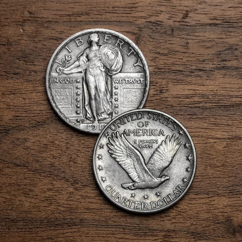 1916 - 1930 Standing Liberty Quarter Dollar Coin Set, US Silver Liberty Coin Collection, Rare Old Money Antique Coins for Collectors