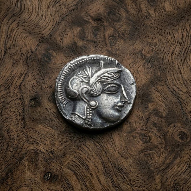 May include: A silver coin featuring a detailed profile of a woman with ornate headwear and jewelry. The coin is set against a dark, textured wooden surface, highlighting its intricate design and historical aesthetic.