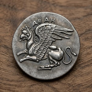 May include: A silver-colored coin featuring a winged mythical creature with the text "ABAH" at the top. The coin is round and has a detailed relief design. The coin is set against a wooden background.