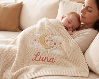 Custom Moon& Star Baby Knitted Blanket,Personalized Baby Name Blanket,Soft Knit Newborn Keepsake Blanket,Custom Baby Gift,New Baby Gift