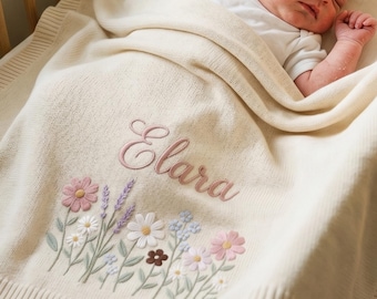Custom Embroidered Floral Baby Blanket,Personalized Newborn Baby Blanket, Soft Knit Baby Name Blanket,Newborn Blanket,Nursery Gift,Baby Gift