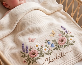 Personalized Name Wildflowers Baby Blanket,Embroidered Floral Butterfly Baby Blanket,Flower Baby Knitted Throw,Custom Baby Gift,Newborn Gift