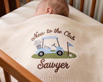 Custom Golf Embroidered Knit Baby Blanket,Personalized Golf Cart Baby Name Blanket,Golf Cart Nursery Throw,Welcome Baby Gift,Baby Keepsake
