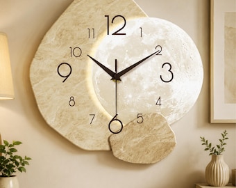 Modern Moon Wall Clock Silent Quartz Wooden Clock for Bedroom Decor Minimalist Living Room Office Wall Art