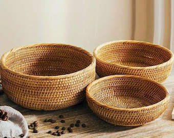 Woven Storage Basket Set Natural Rattan Bowl Decor for Farmhouse Kitchen Coffee Table Entryway Organizer
