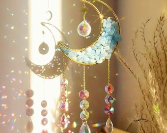 Crystal Moon Sun Catcher Hanging Decor for Boho Home Gift Rainbow Prism Window Charm with Rose Quartz Crystals