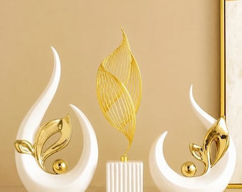 Nordic Ceramic Sculpture. Gold Leaf Figurines, Modern Living Room Decor Minimalist Office Desk Accent