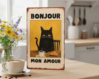 Black Cat Metal Wall Sign French Cafe Decor for Cat Lovers Retro Bonjour Mon Amour Kitchen Coffee Bar Art