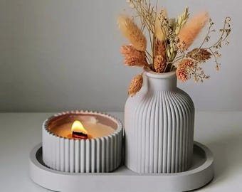 Silicone Mold Set for Jesmonite & Concrete Decor, Ribbed Vase Candle Tray Molds for DIY Home Styling Projects