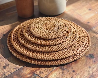 Rattan Coaster Set Boho Table Decor for Coffee Lovers Natural Woven Drink Mats Rustic Farmhouse Kitchen