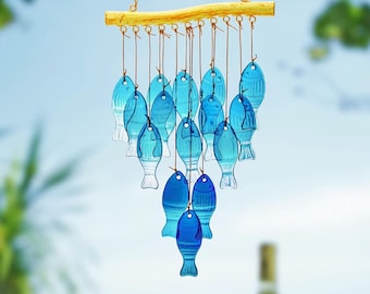 Blue Glass Fish Wind Chime Coastal Hanging Decor for Beach House Patio or Garden Handmade Nautical Outdoor Ornament