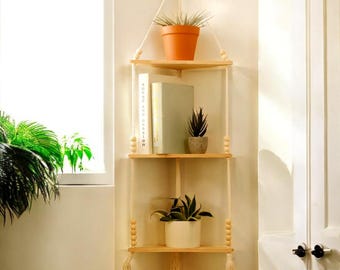 Boho Corner Floating Shelf Set Wooden Hanging Shelves for Plants & Decor Rustic Macrame Wall Storage Organizer