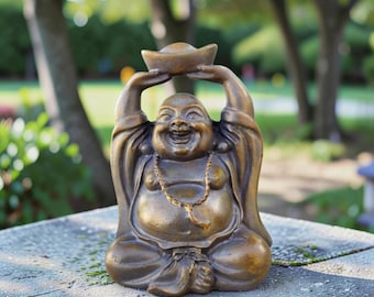 Laughing Buddha Statue Zen Garden Decor for Wealth & Prosperity Bronze Finish Meditation Figurine Home Altar Accent