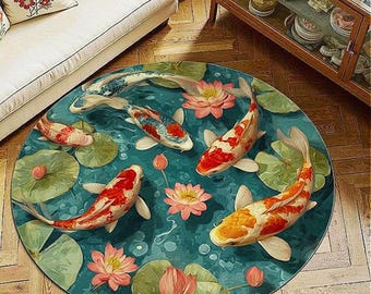 Koi Fish Pond Rug Soft Plush Area Carpet for Living Room Decor, Japanese Inspired Bedroom Floor Mat, Anti Slip Rug
