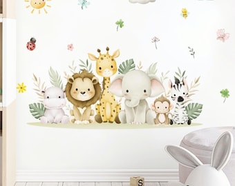 Safari Animal Wall Decals for Nursery, Watercolor Jungle Animal Wall Stickers for Kids Room, Baby Room Decor