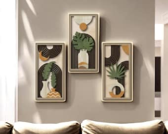 Boho Wooden Wall Art Set Rustic Leaf Hanging Decor for Living Room Bedroom Apartment Farmhouse Style