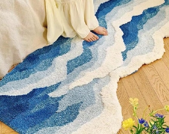 Blue Wave Tufted Rug Coastal Bedroom Decor Ocean Inspired Area Rug Irregular Floor Mat for Bathroom Dorm or Hallway