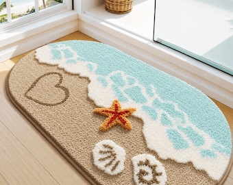 Beach Bathroom Rug Coastal Bath Mat Seashell Starfish Floor Rug Ocean Themed Non Slip Bathroom Decor for Beach House