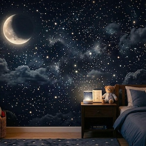May include: A bedroom featuring a wall mural of a night sky with a crescent moon, stars, and dark clouds. The room includes a wooden bed with blue bedding, a nightstand with a small lamp, a teddy bear, and two woven baskets containing plush toys.
