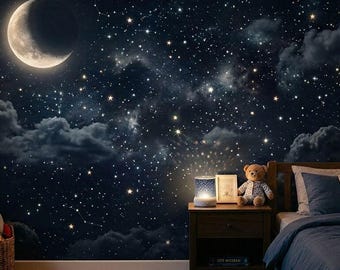 Navy Blue Celestial Starry Night Sky Wallpaper Mural, Kids Nursery Night Sky Decor, Dreamy Galaxy Wall Art, Astronomy Lover Bedroom Mural