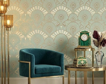 Teal and Gold Art Deco Fan Peel and Stick Wallpaper, Great Gatsby Home Decor, Retro Geometric Wall Mural, Glamorous Vintage Accent Wall