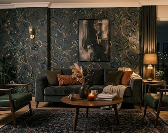 Dark Teal Moody Floral William Morris Style Wallpaper, Vintage Botanical Wall Decor, Dark Academia Aesthetic, Removable Peel and Stick