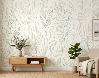 Sage Green Minimalist Line Art Floral Wallpaper, Boho Botanical Mural, Neutral Japandi Wall Decor, Scandi Leaf Pattern