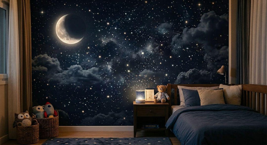 Navy Blue Celestial Starry Night Sky Wallpaper Mural, Kids Nursery ...