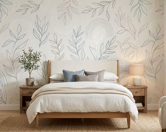 Dusty Blue Boho Minimalist Floral Leaf Wallpaper, Coastal Bedroom Decor, Neutral Nursery Wall Mural, Organic Line Art Aesthetic