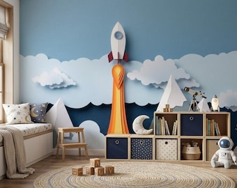 Blue Paper Cut Style Space Rocket Wall Art Print, Modern Nursery Decor, Adventure Mountain Poster, Minimalist Kids Room Illustration
