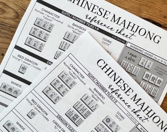 Chinees mahjong-referentieblad afdrukbare pdf, ZWART-WIT-pakket | Mahjonggids voor beginners | Direct downloaden