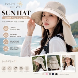 May include: A beige sun hat with a neck cover, designed for outdoor activities. The hat features a wide brim, mesh ventilation, and a detachable neck cover. Text on the hat reads "Sun Hat with Neck Cover" and "Enjoy Every Sunny Day". The hat is available in 5 colors.